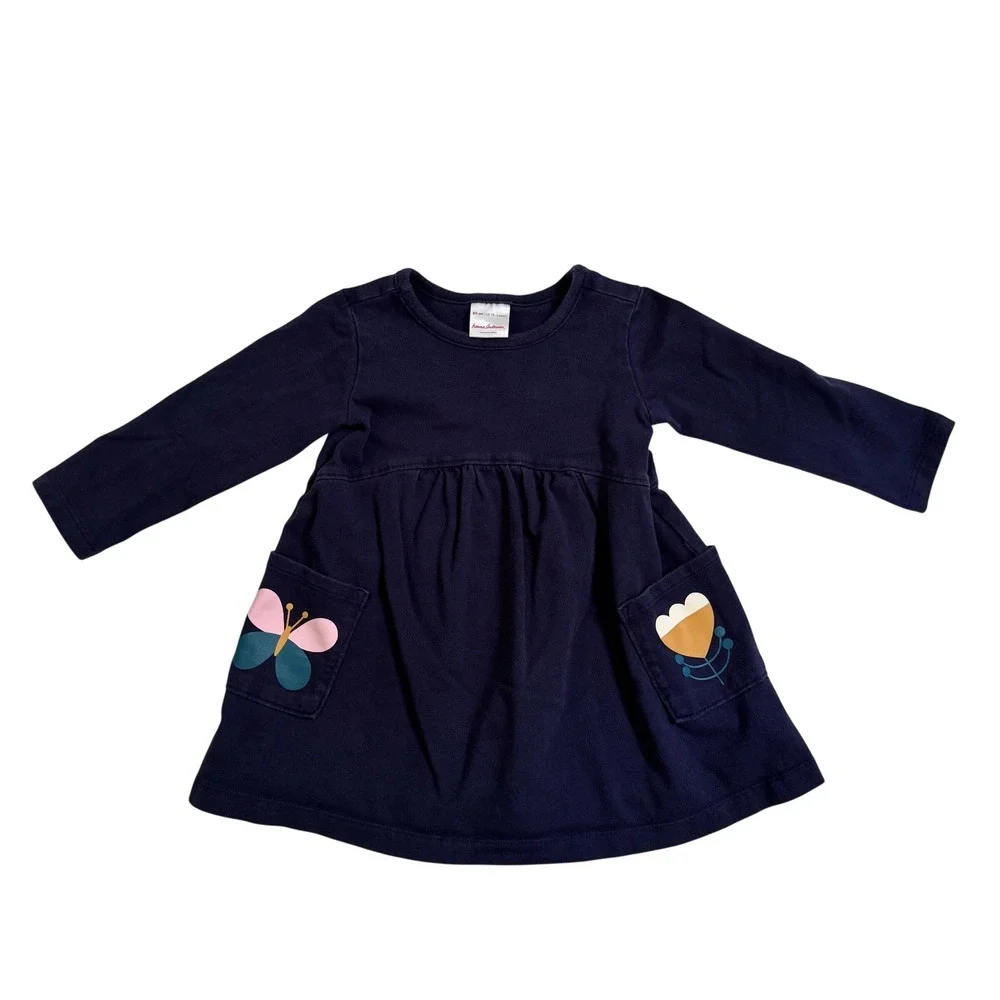Hanna Andersson Pocket Art Dress 18-24m Navy Blue Butterfly Flower Scandi 80cm